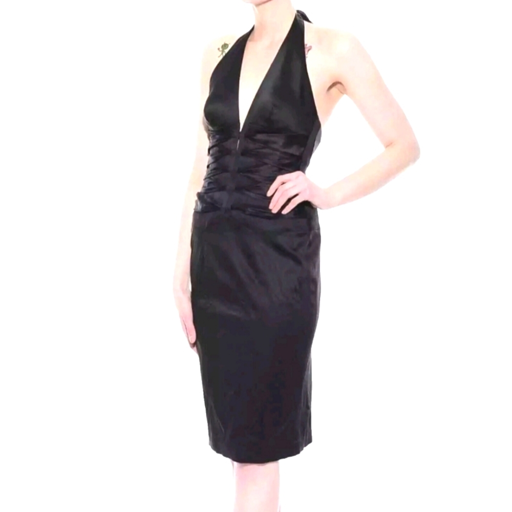 Cache Dress, Size‎ 4, Black Cocktail, Halter, Back Zip, Knee Length, 100% Silk,